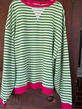 Women’s Green & White Striped Sweatshirt with Pink Trim